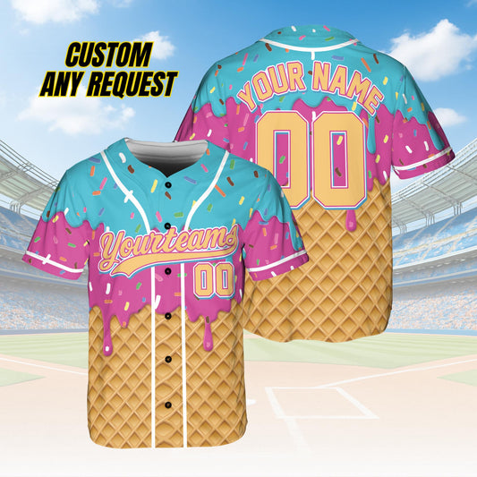 Personalized Ice Cream Drip Baseball Jersey for Men Women Youth Kid,Custom Sprinkle Drip Baseball Matching Family Shirt,Summer Outfit B25