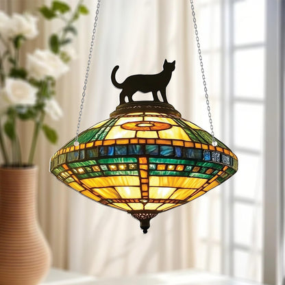 Vintage Cat Silhouette Hanging Light with Stained Look – Whimsical Lighting Accent for Cozy Homes, Cat Lovers, and Art Deco Interiors