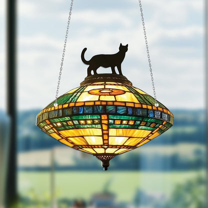 Vintage Cat Silhouette Hanging Light with Stained Look – Whimsical Lighting Accent for Cozy Homes, Cat Lovers, and Art Deco Interiors