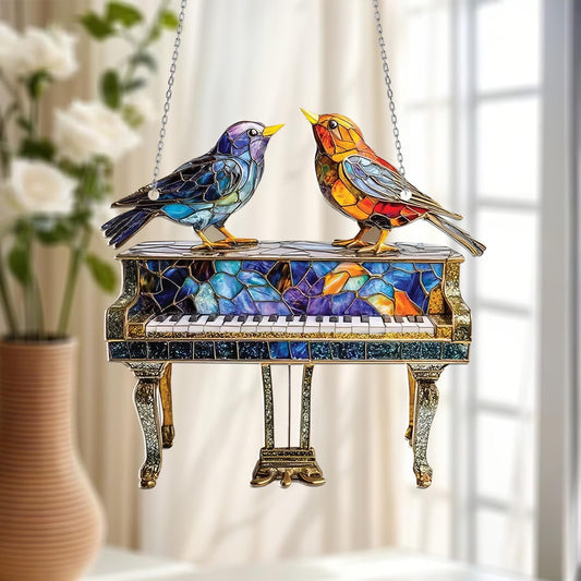Charming Birds on Piano Window Hanging – Colorful Musical Décor for Songbird Lovers, Pianists, and Joyful Home or Music Room Accents