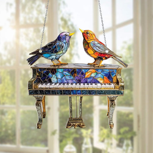 Charming Birds on Piano Window Hanging – Colorful Musical Décor for Songbird Lovers, Pianists, and Joyful Home or Music Room Accents