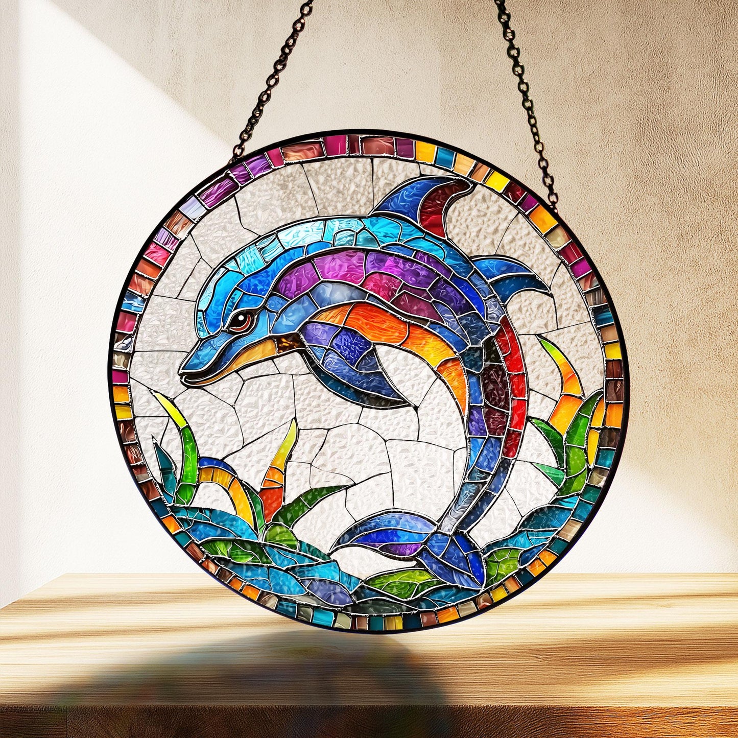 Dolphin Suncatcher Hanging Sign, Dolphin Glass Suncatcher, Dolphin Ornament, Tropical Beach Decoration, Coastal Decor, Dolphin Lover Gifts