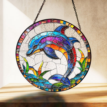 Dolphin Suncatcher Hanging Sign, Dolphin Glass Suncatcher, Dolphin Ornament, Tropical Beach Decoration, Coastal Decor, Dolphin Lover Gifts