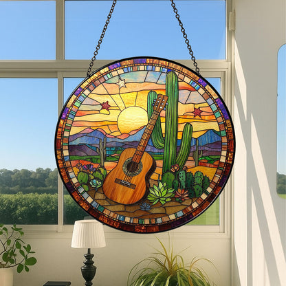 Cactus Stained Glass Suncatcher, Southwestern Glass Hanging, Music Lover Gift, Tropical Home Decoration, Southwestern Decor, Cactus Accent