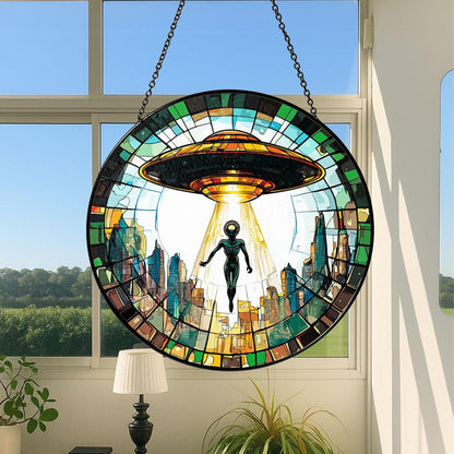 Alien UFO Abduction Stained Glass Suncatcher, UFO Wall Art, Cryptid Hanging Home Decoration, Alien Cryptozoology Decor, Spaceship Decor