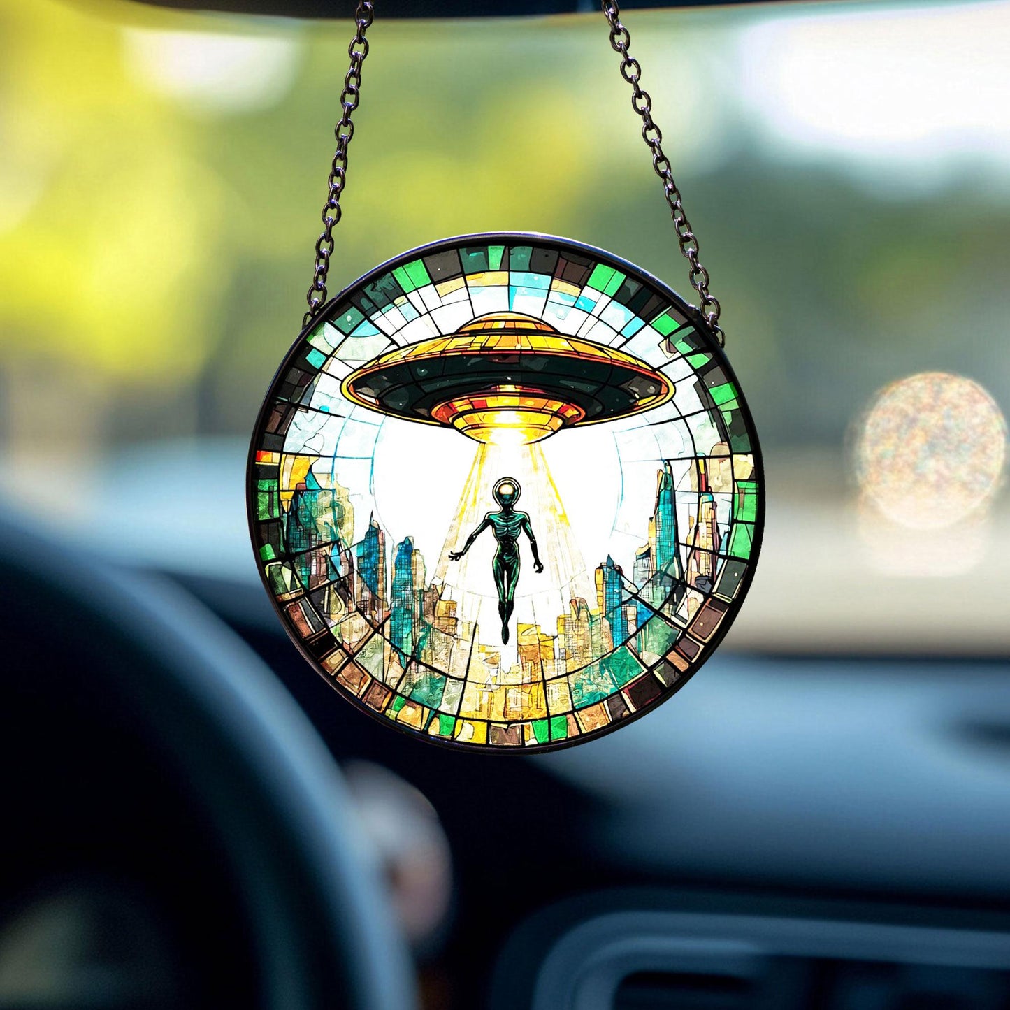 Alien UFO Abduction Stained Glass Suncatcher, UFO Wall Art, Cryptid Hanging Home Decoration, Alien Cryptozoology Decor, Spaceship Decor