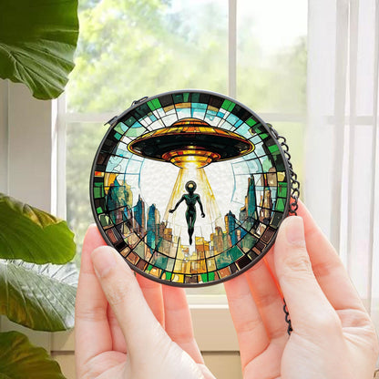 Alien UFO Abduction Stained Glass Suncatcher, UFO Wall Art, Cryptid Hanging Home Decoration, Alien Cryptozoology Decor, Spaceship Decor