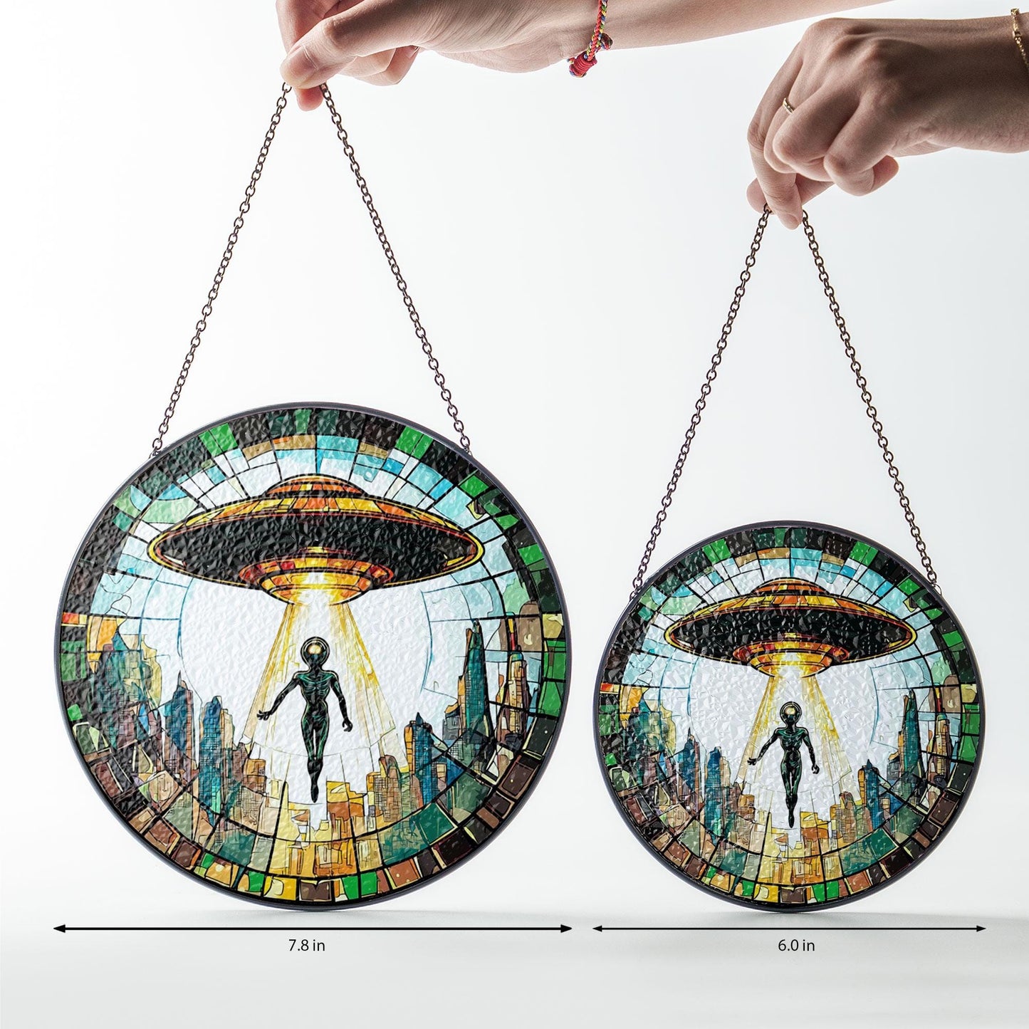 Alien UFO Abduction Stained Glass Suncatcher, UFO Wall Art, Cryptid Hanging Home Decoration, Alien Cryptozoology Decor, Spaceship Decor