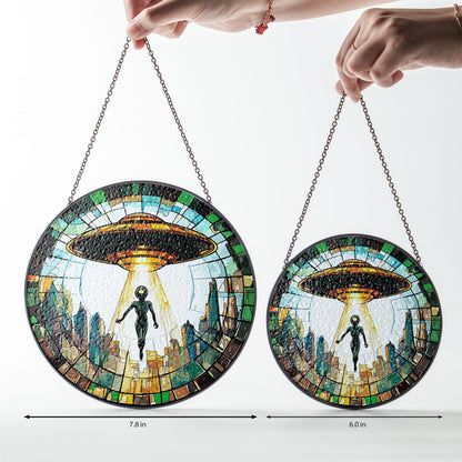 Alien UFO Abduction Stained Glass Suncatcher, UFO Wall Art, Cryptid Hanging Home Decoration, Alien Cryptozoology Decor, Spaceship Decor