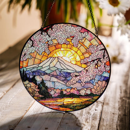 Cherry Blossom Stained Glass Suncatcher – Mount Fuji with Sunrise and Sakura Trees – Round Japanese Window Hanging Spring Decor