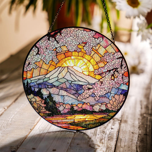 Cherry Blossom Stained Glass Suncatcher – Mount Fuji with Sunrise and Sakura Trees – Round Japanese Window Hanging Spring Decor