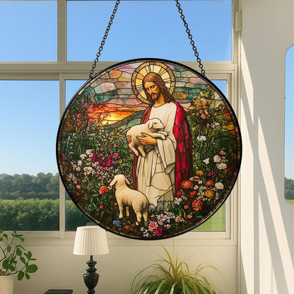 Jesus Stained Glass SunCatcher, Memorial Gift, Jesus With Lamb Landscape Glass Hanging, Jesus Suncatcher Hanging, Jesus Christ Decoration