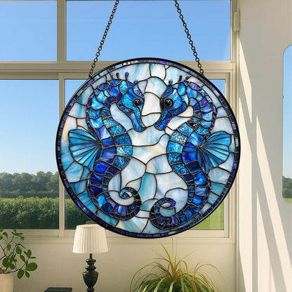 Seahorse Stained Glass Suncatcher, Beach Decor, Seahorse Ornament, Suncatcher Ornament Gift, Cool Suncather Windows, Custom Shape Suncatcher