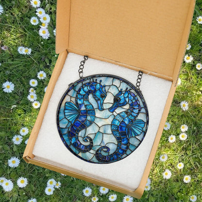 Seahorse Stained Glass Suncatcher, Beach Decor, Seahorse Ornament, Suncatcher Ornament Gift, Cool Suncather Windows, Custom Shape Suncatcher