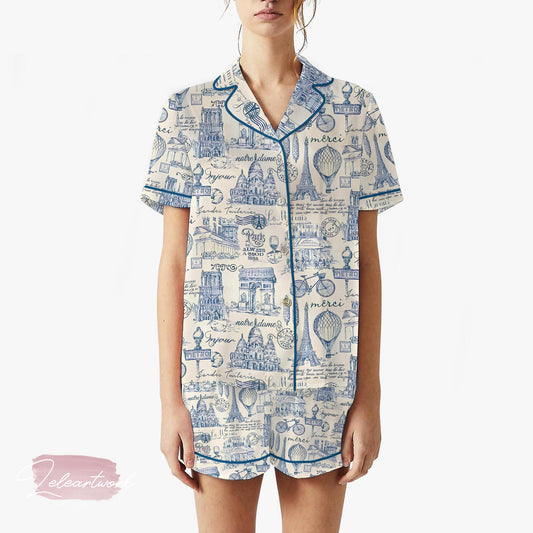 Paris Merci Vintage Set | Silky Satin Pajama Set for Women | French Toile Sleepwear | Blue Paris Print Lounge Set | Gift for Francophiles