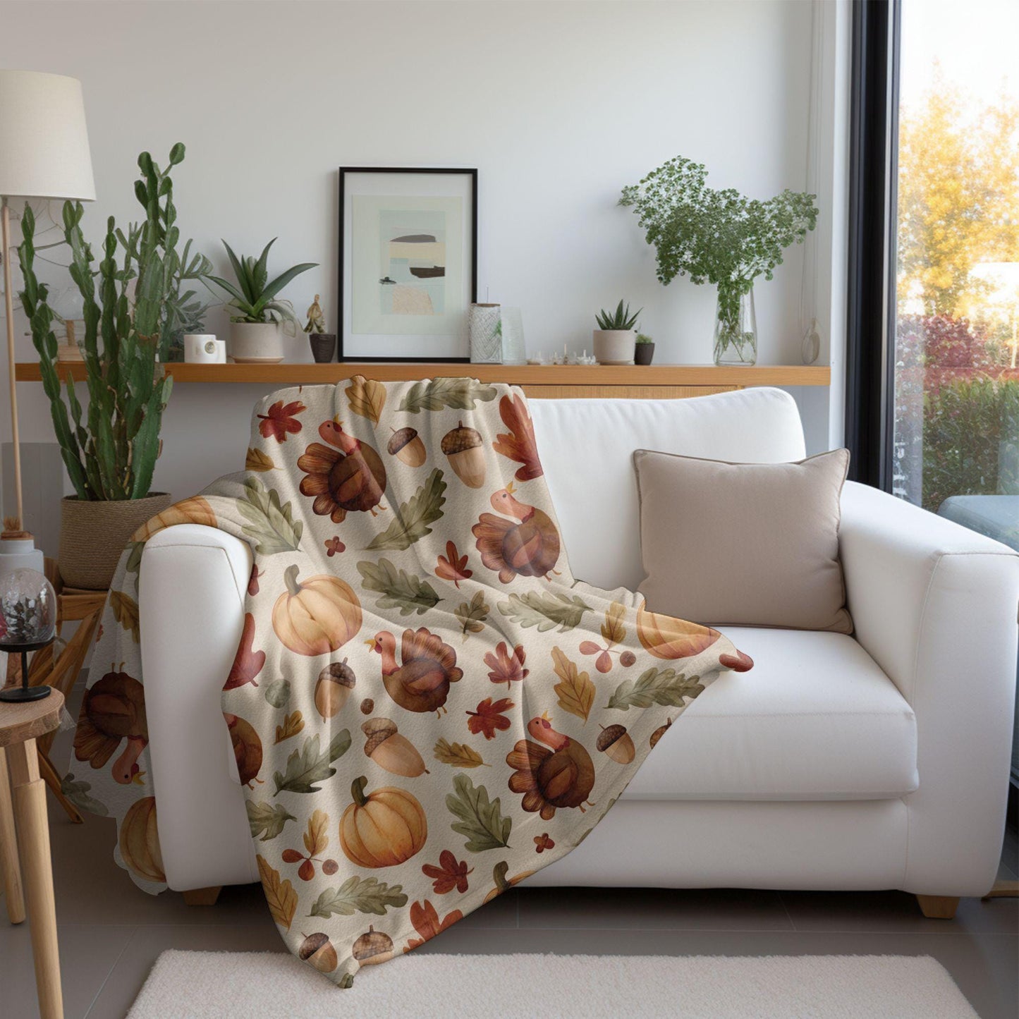 Cozy Fall Thanksgiving Blanket | Cute Turkey & Pumpkin Throw | Autumn Leaves Fleece Blanket | 3 Sizes | Thanksgiving Home Decor Gift