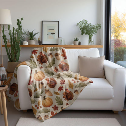 Cozy Fall Thanksgiving Blanket | Cute Turkey & Pumpkin Throw | Autumn Leaves Fleece Blanket | 3 Sizes | Thanksgiving Home Decor Gift