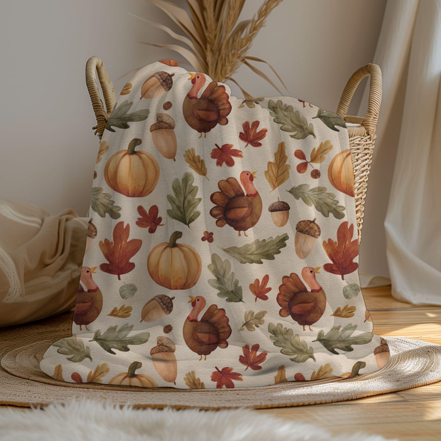 Cozy Fall Thanksgiving Blanket | Cute Turkey & Pumpkin Throw | Autumn Leaves Fleece Blanket | 3 Sizes | Thanksgiving Home Decor Gift