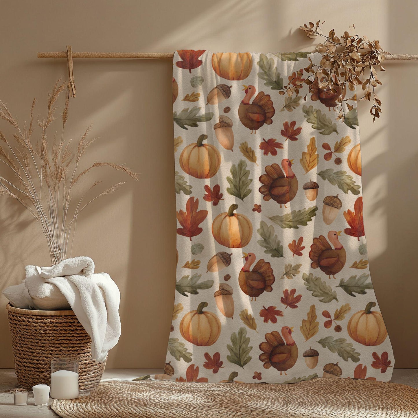 Cozy Fall Thanksgiving Blanket | Cute Turkey & Pumpkin Throw | Autumn Leaves Fleece Blanket | 3 Sizes | Thanksgiving Home Decor Gift