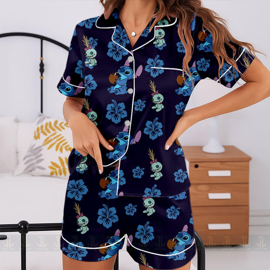 Stitch Aloha Hawaiian Unisex Satin Pajamas Set, Spooky Season Pajamas , Long Sleeve And Short Styles