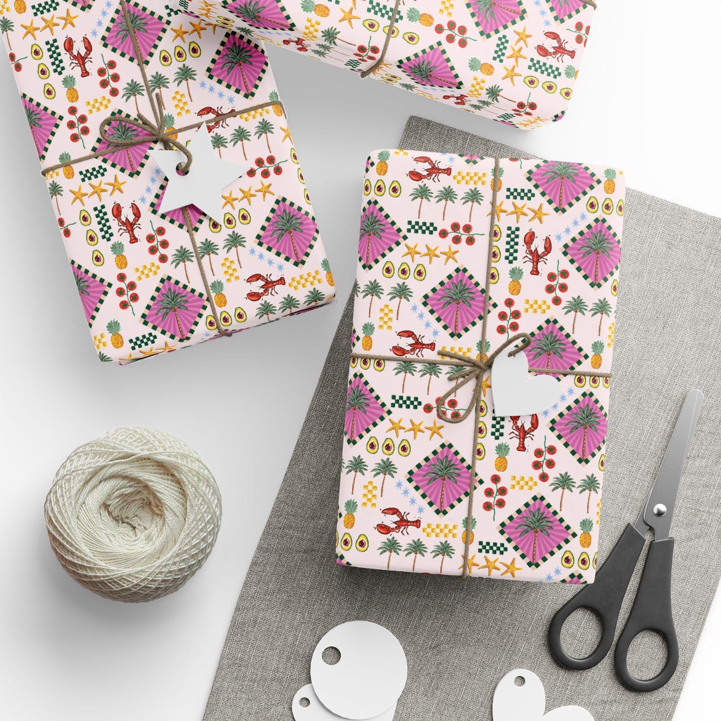 Retro Tropical Coastal Wrapping Paper Coconut girl Beachy Gift Wrap Pineapples Exotic Summer Hawaii Birthday bachelorette Beach wedding wrap