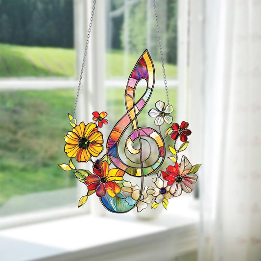 Colorful Treble Clef Window Hanging With Floral Design, Music Lover Decor For Studio Or Home, Bright Artistic Accent For Any Room