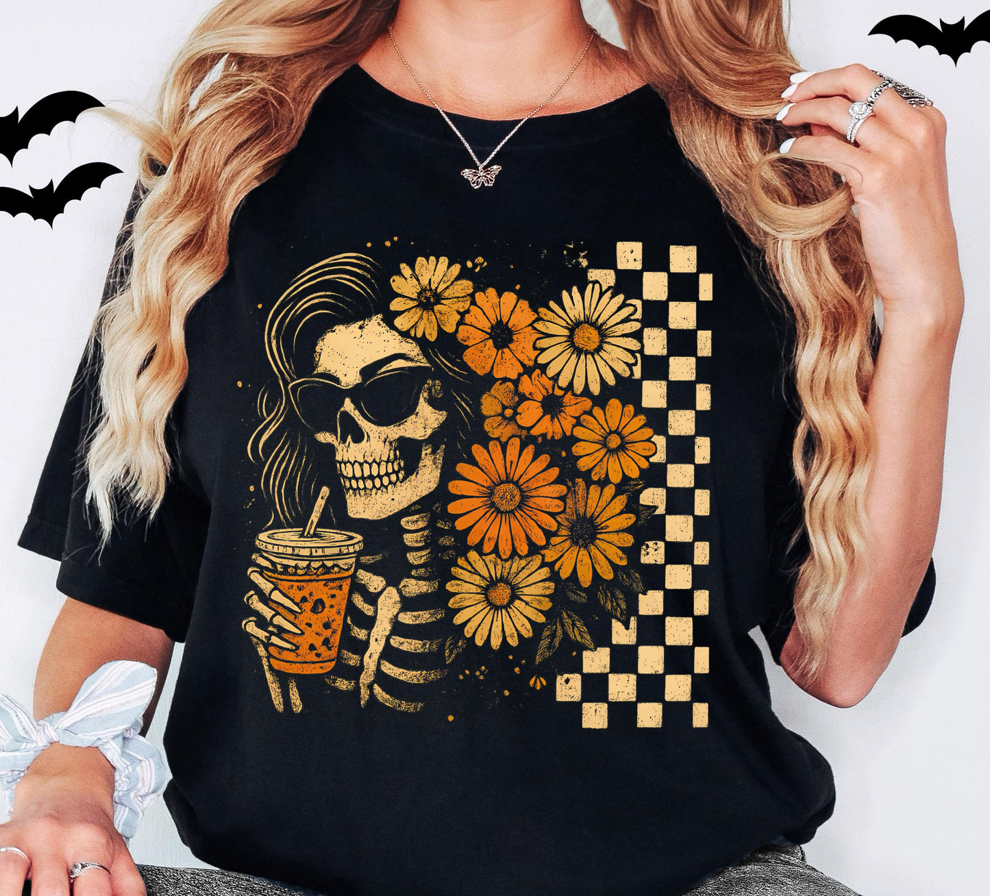 Checkered Skeleton Floral Woman Halloween Shirt, Skull Halloween Tee, Spooky Skeleton Sweatshirt, Fall Flowers Skeleton Tee
