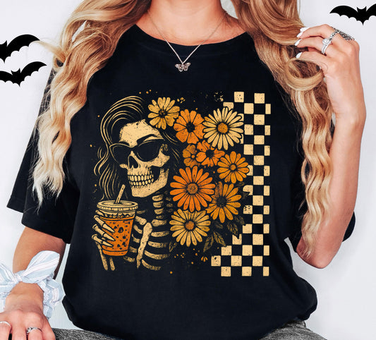 Checkered Skeleton Floral Woman Halloween Shirt, Skull Halloween Tee, Spooky Skeleton Sweatshirt, Fall Flowers Skeleton Tee