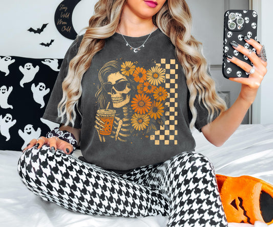 Checkered Skeleton Floral Woman Halloween Shirt, Skull Halloween Tee, Spooky Skeleton Sweatshirt, Fall Flowers Skeleton Tee