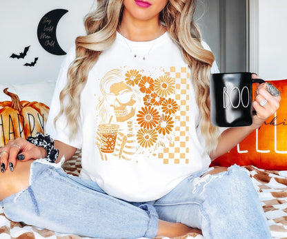Checkered Skeleton Floral Woman Halloween Shirt, Skull Halloween Tee, Spooky Skeleton Sweatshirt, Fall Flowers Skeleton Tee