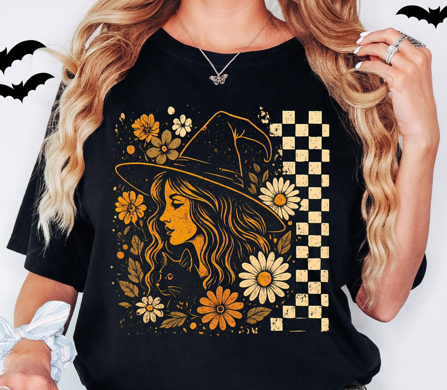 Checkered Witchy Shirt, Checkered Halloween Shirt, Floral Witchy Sweatshirt, Feminism Halloween T-Shirt, Womens Retro Boho Floral Witch Tee