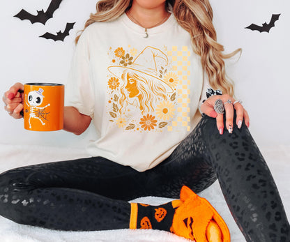 Checkered Witchy Shirt, Checkered Halloween Shirt, Floral Witchy Sweatshirt, Feminism Halloween T-Shirt, Womens Retro Boho Floral Witch Tee