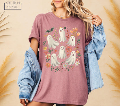 Cute Ghost Friends T-Shirt, Halloween Floral Ghost T-Shirt, Spooky Season Tee, Fall Witch Shirt, Pastel Halloween T-Shirt, Autumn Boo Shirt