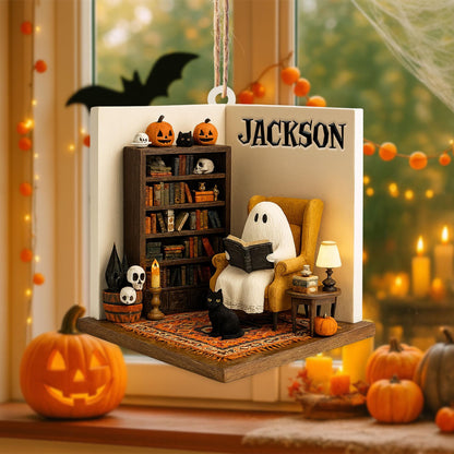 Personalized Ghost Reading Book 2D Flat Acrylic Ornament, Reading Room Halloween Ornament, Bookshelf Gift, Halloween Ghost Window Hangings