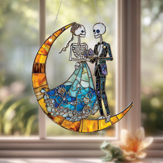 Skeleton Wedding Window Hanging on Crescent Moon, Gothic Romantic Couple Decor, Spooky Halloween Bride and Groom Art Alternative Love Gift
