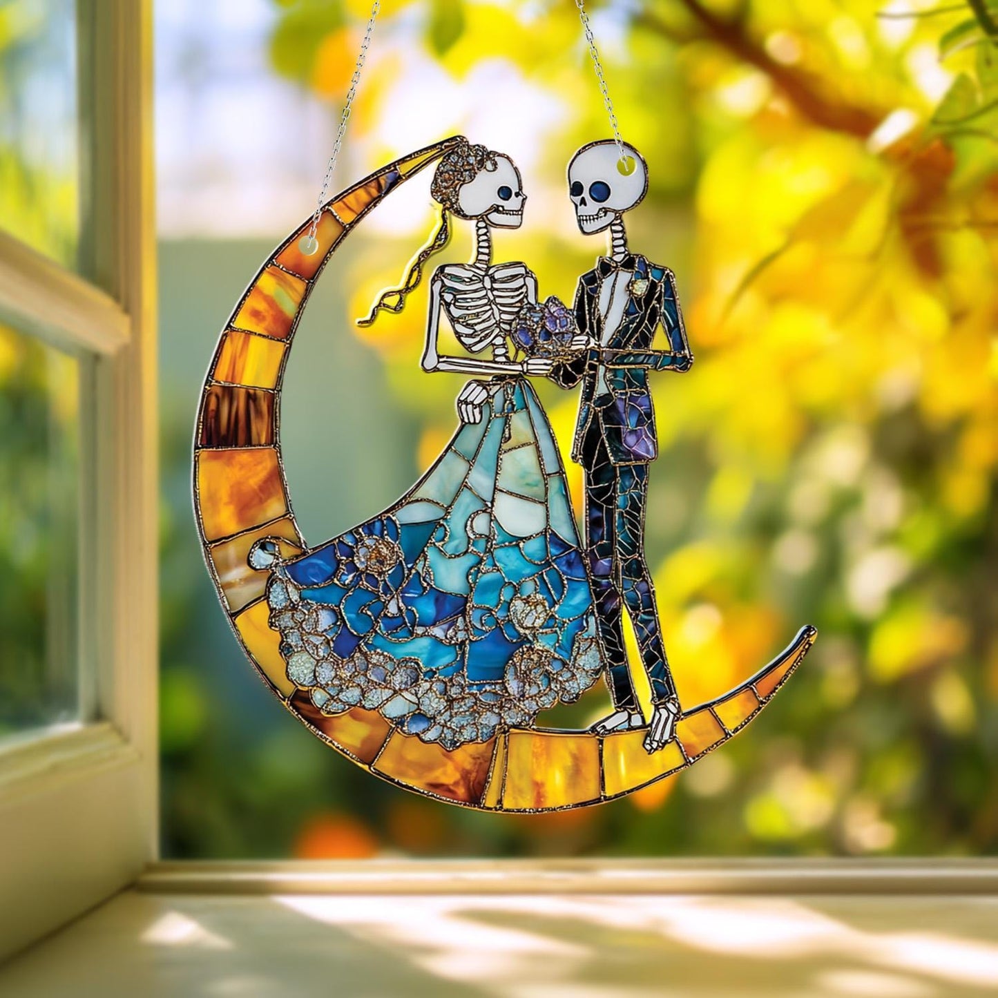 Skeleton Wedding Window Hanging on Crescent Moon, Gothic Romantic Couple Decor, Spooky Halloween Bride and Groom Art Alternative Love Gift