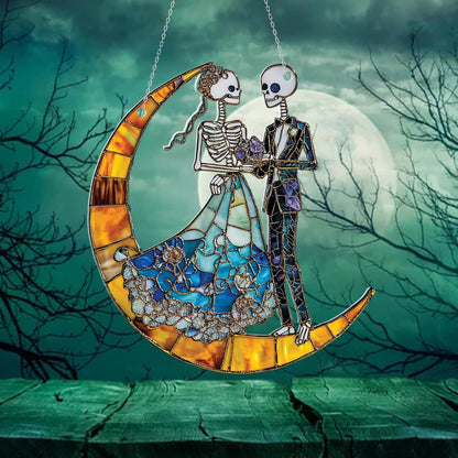 Skeleton Wedding Window Hanging on Crescent Moon, Gothic Romantic Couple Decor, Spooky Halloween Bride and Groom Art Alternative Love Gift