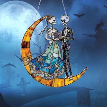 Skeleton Wedding Window Hanging on Crescent Moon, Gothic Romantic Couple Decor, Spooky Halloween Bride and Groom Art Alternative Love Gift