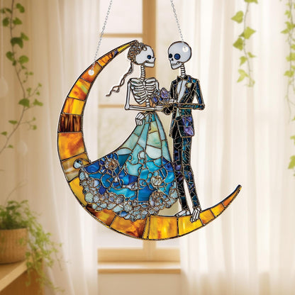 Skeleton Wedding Window Hanging on Crescent Moon, Gothic Romantic Couple Decor, Spooky Halloween Bride and Groom Art Alternative Love Gift