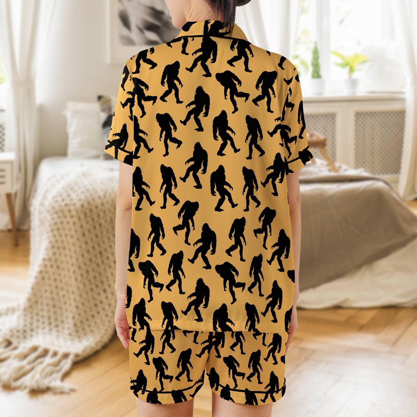 Sasquatch Pajama Set Short Sleeves, Bigfoot Woman's Satin Pajama Short Sleeve Shorts Big foot Gift