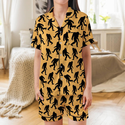 Sasquatch Pajama Set Short Sleeves, Bigfoot Woman's Satin Pajama Short Sleeve Shorts Big foot Gift