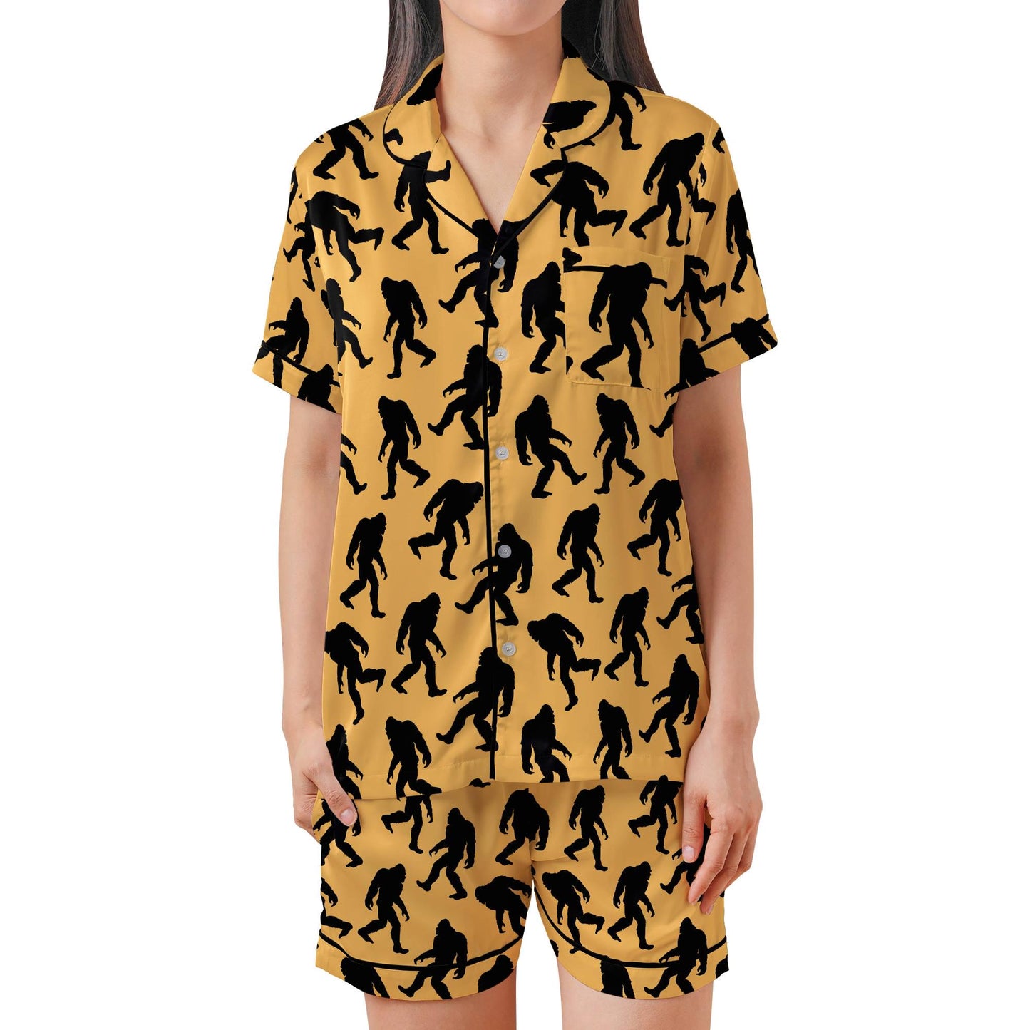 Sasquatch Pajama Set Short Sleeves, Bigfoot Woman's Satin Pajama Short Sleeve Shorts Big foot Gift