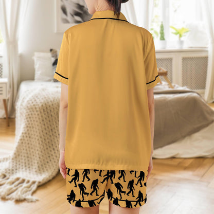 Sasquatch Pajama Set Short Sleeves, Bigfoot Woman's Satin Pajama Short Sleeve Shorts Big foot Gift