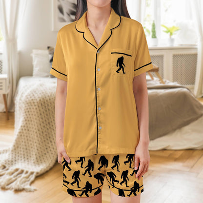 Sasquatch Pajama Set Short Sleeves, Bigfoot Woman's Satin Pajama Short Sleeve Shorts Big foot Gift