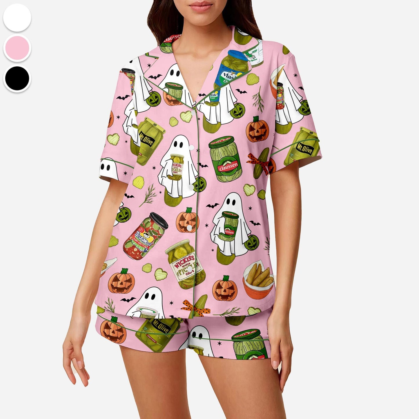 Halloween Pickle Print Satin Pajamas Set Printed Comfortable Satin Pajamas and Loungewear Pjs Short Sleeve Top & Shorts Withought Pockets