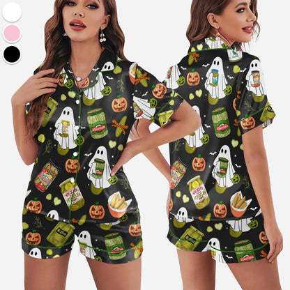 Halloween Pickle Print Satin Pajamas Set Printed Comfortable Satin Pajamas and Loungewear Pjs Short Sleeve Top & Shorts Withought Pockets