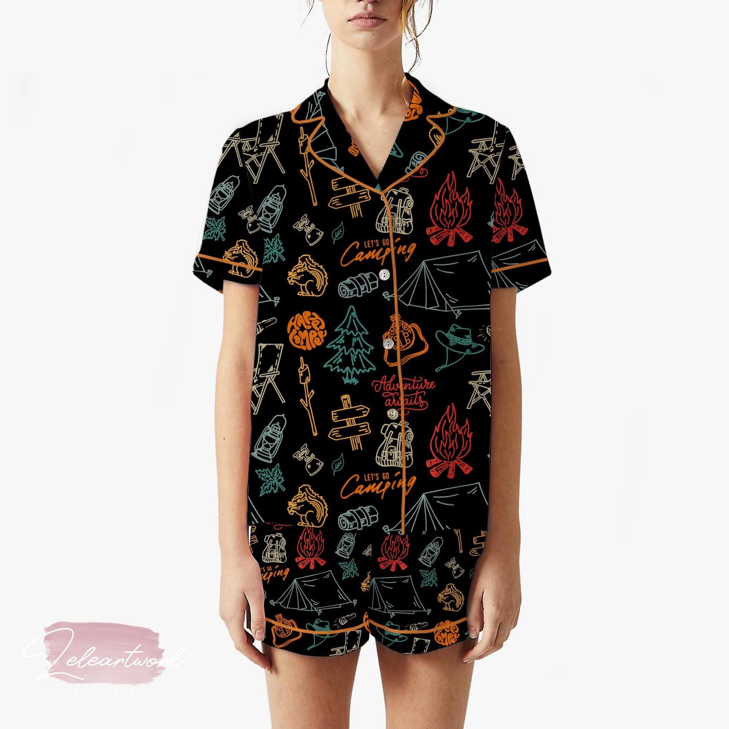 Camp Crew Pajama Set – Colorful Camping Print Short Sleeve Sleepwear, Fun Outdoor Adventure Loungewear Gift