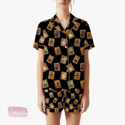 Halloween Trick Or Treat Pajama Set – Retro Stamp Print Short Sleeve Sleepwear, Cute Spooky Loungewear Gift