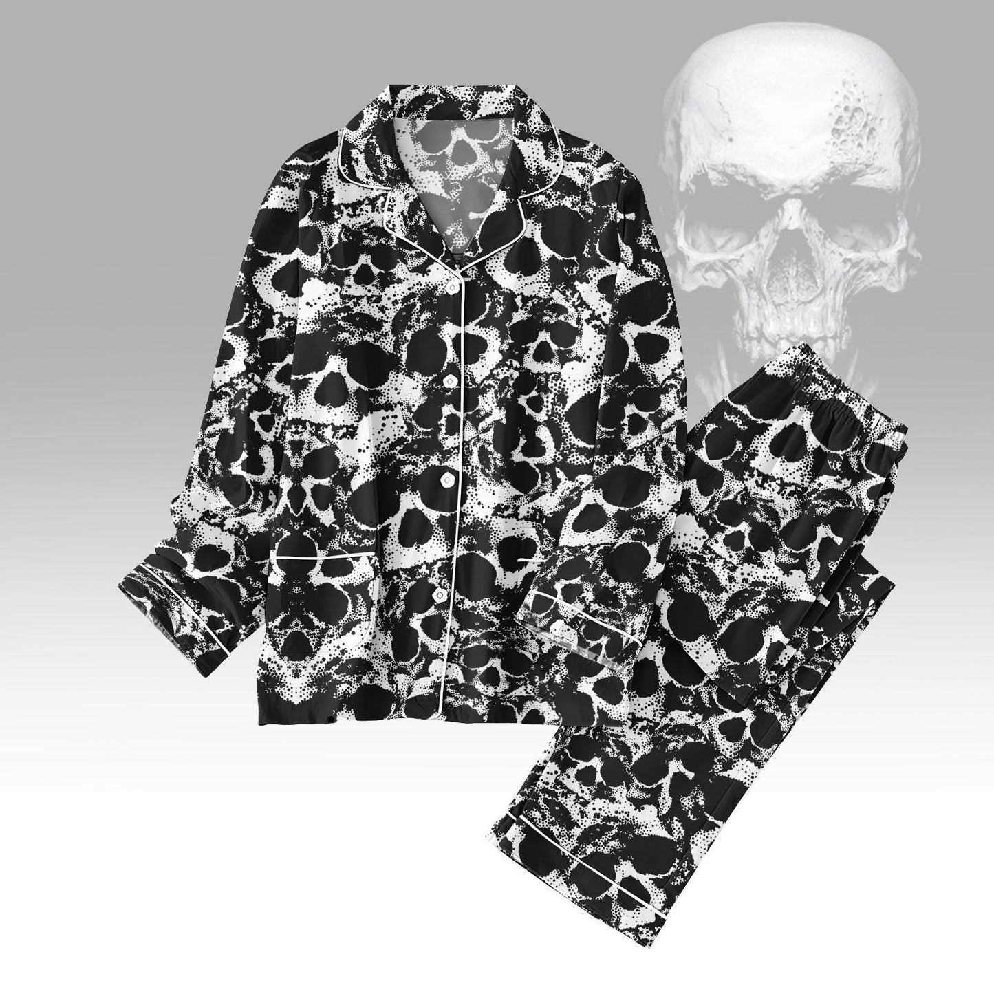 Skull Thick Pajamas, Cozy Skull Sleepwear for Women, Button Up Pjs Set, Warm Outfit Gifts for Skull Lovers, Gothic Skull Merch