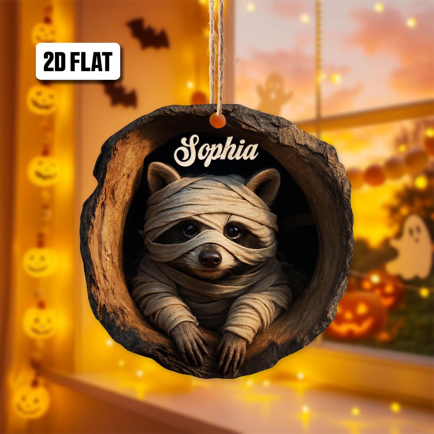 Personalized Raccoon 2D Flat Ornament, Raccoon Rearview Mirror Car Accessories, Raccoon Halloween Ornament, Holiday Gift for Raccoon Lover